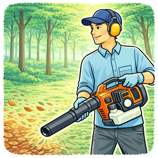 ブロワーを使用する男性イラスト