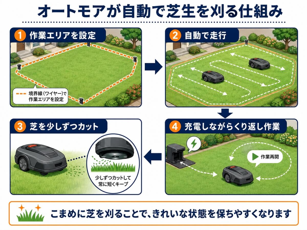 オートモアが自動で芝生を刈る仕組みを示した図解